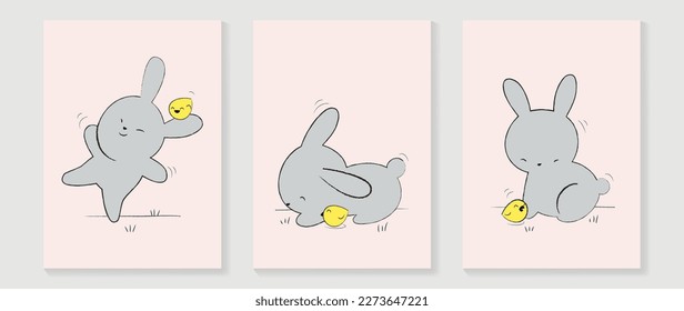 Cute comic easter wall art vector set. Collection of adorable hand drawn playful rabbit and baby chick. Design illustration for nursery wall art in doodle style, baby, kids poster, card, invitation.