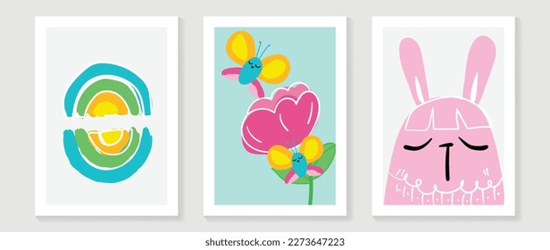 Cute comic easter wall art vector set. Collection of adorable hand painted rainbow, butterfly, flower, pink rabbit. Design for nursery wall art in doodle style, baby, kids poster, card, invitation.