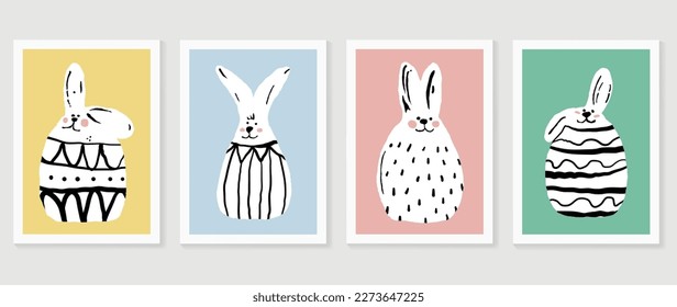 Cute comic easter wall art vector set. Collection of adorable hand drawn rabbits in egg shape with line pattern. Design for nursery wall art in doodle style, baby, kids poster, card, invitation.