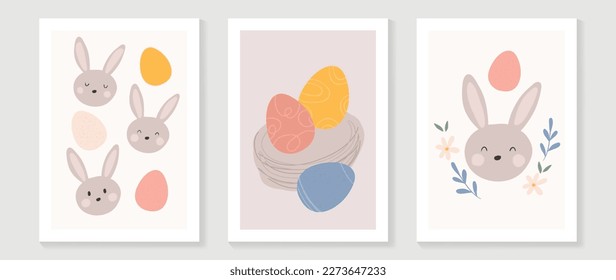Cute comic easter wall art vector set. Collection of adorable hand drawn rabbits, flowers, easter eggs. Design illustration for nursery wall art in doodle style, baby, kids poster, card, invitation.