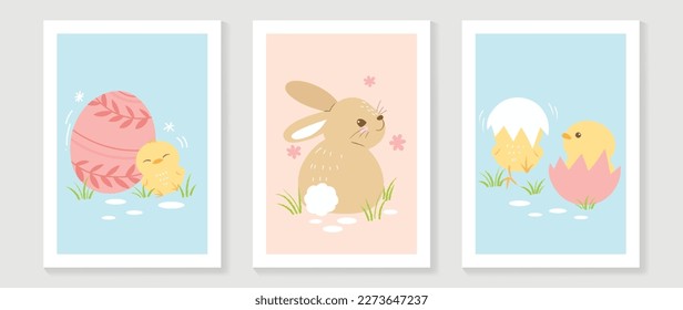 Cute comic easter wall art vector set. Collection with adorable hand drawn easter egg, chicks, rabbit. Design illustration for nursery wall art in doodle style, baby, kids poster, card, invitation.