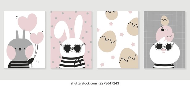 Cute comic easter wall art vector set. Collection with adorable hand drawn rabbit, easter egg, chick. Design illustration for nursery wall art in doodle style, baby, kids poster, card, invitation.