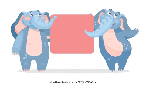 Cute comic elephants with blank pink banner vector illustration. Cartoon drawing of wild animal characters holding empty announcement on white background. Information, promotion, advertising concept