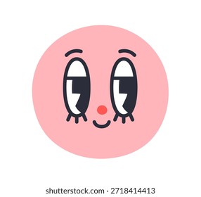Nettes Comic Emoji Gesicht. Lustiger flirtender Charakter, runder Kopf mit lächelndem, verspieltem flirtendem Ausdruck. Charmante aufgeregte Emotion im Kawaii-Stil. Flache Vektorgrafik einzeln auf weißem Hintergrund