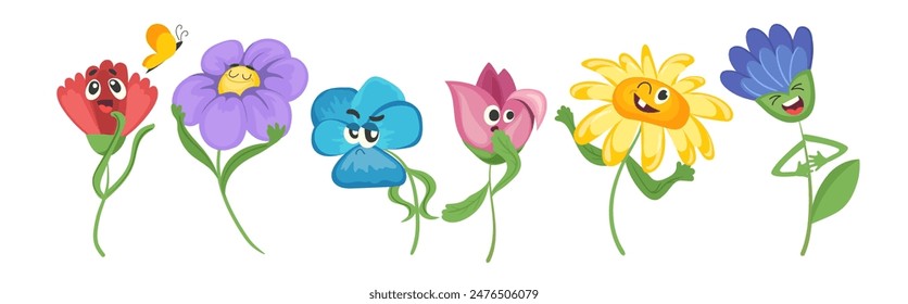 Cute comic flowers cartoon characters, funny floral cartoon mascot, smiley wildflower caricature set