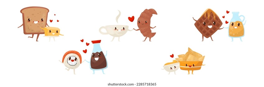 Cute Comic Food Characters in Pair Feeling Love Vector Set