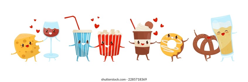 Cute Comic Food Characters in Pair Feeling Love Vector Set