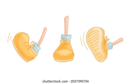 Pie cómica en zapatos puestos. Patas divertidas en movimiento ilustración vectorial de dibujos animados