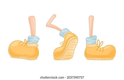 Cute comic foot in shoes set. Funny legs walking, running, and standing cartoon vector illustration