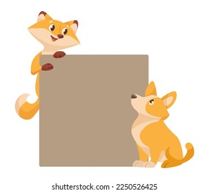 Cute comic fox and dog with beige banner vector illustration. Cartoon drawing of adorable fox and corgi characters with blank announcement on white background. Information, animals, promotion concept