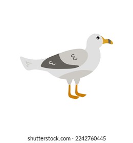 Cute comic gull, Atlantic bird standing over white background. Seagull cartoon character flat vector illustration. Nature, animals, wildlife concept