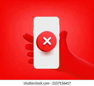 Cute comic hand with decline icon on smartphone. 3d vector illustration
