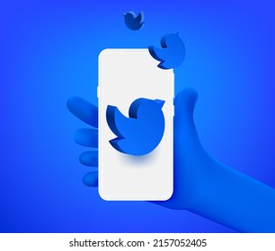Cute comic hand with smartphone and messages. 3d vector illustration