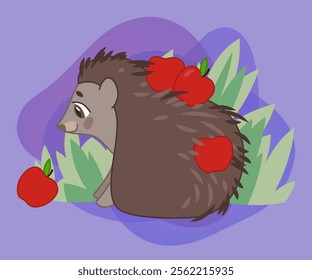 Cute comic hedgehog with apples on spikes vector illustration. Adorable hedgehog cartoon character sitting and looking at red fruit on violet background. Wildlife, animals concept