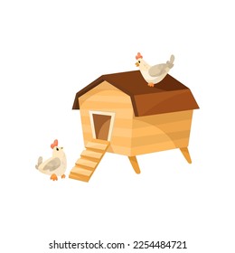 Cute comic hens and chicken coop vector illustration. Cartoon drawing of rooster or domestic bird character near wooden henhouse or building isolated on white background. Animals, farming concept