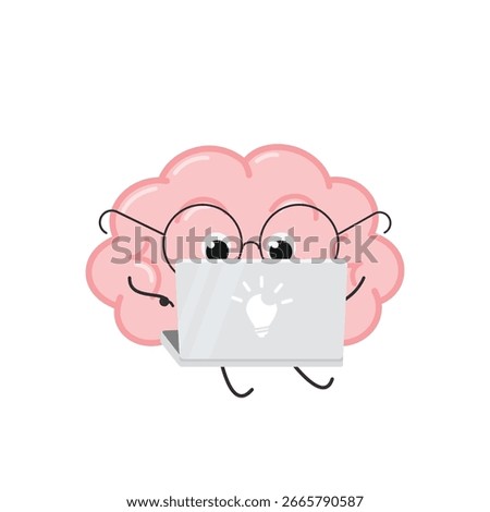 Cute comic human brain cartoon character with laptop pressing finger on the keyboard typing. Vector flat illustration on white background