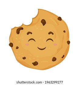 Cute, comic kawaii cookie, emotional character in cartoon style isolated on white background. Dessert with chocolate chips. 