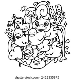 cute comic line rainbows draw set lovely play design art symbol duck doodle vector
