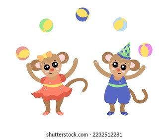 Cute comic monkeys juggling balls vector illustration. Monkey cartoon characters with party hat or bow in costumes isolated on white background. Wildlife, circus, entertainment, animals concept