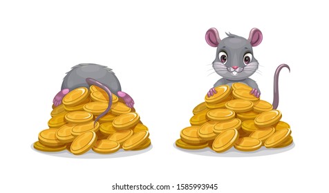 Cute comic mouse sitting on the pile of golden coins. Rat with gold. Vector wealth concept illustration. Symbol of new year.