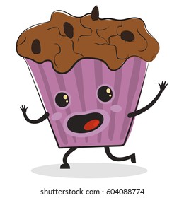 Cute comic muffin cartoon character. Traditional breakfast. Vector food illustration isolated on a white background.