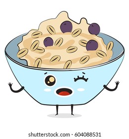 Cute comic oatmeal cartoon character. Traditional breakfast. Vector food illustration isolated on a white background.