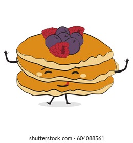 Cute comic pancakes cartoon character. Traditional breakfast. Vector food illustration isolated on a white background.