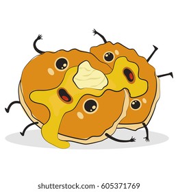 Cute comic pancakes cartoon character. Traditional breakfast. Vector food illustration isolated on a white background.