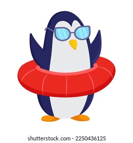 Pingüino cómico lindo en gafas de sol y con una ilustración vectorial de boya de vida. Caricatura, pegatina animal aislada sobre fondo blanco. Verano, fiesta en la playa