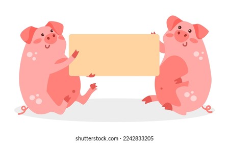 Cute comic pigs with empty banner vector illustration. Cartoon drawing of swine characters holding blank announcement isolated on white background. Information, promotion, advertising concept