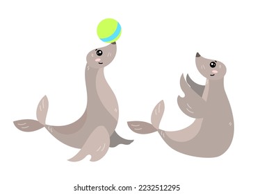 Cute comic seals playing with ball together vector illustration. Seal cartoon characters having fun with toy isolated on white background. Wildlife, entertainment, animals, nature concept