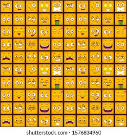 	
Cute comic seamless pattern with funny yellow square faces on the dark background. Vector cartoon texture.