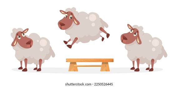 Cute comic sheep jumping over wooden bench vector illustration. Cartoon drawing of adorable farm animal character having fun together on white background. Farming, agriculture, livestock concept