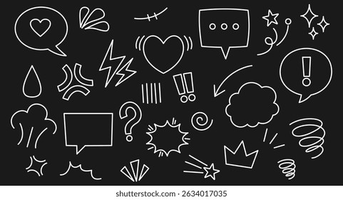 Cute comic speech bubble icon set. Includes cartoon-style speech bubbles, emphasis lines, star sparks, motion lines, and funny doodle elements. Outline vector illustration with hand-drawn style.