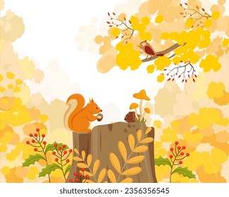 Cute Comic-Eichhörnchen mit Akorn auf Baumstumpf, Vektorgrafik. Cartoon Zeichnung von orangefarbenen Nagetieren, Vogelcharakter auf einem Baumzweig im Wald. Natur, Tierwelt, Herbst, Tiere, Umweltkonzept