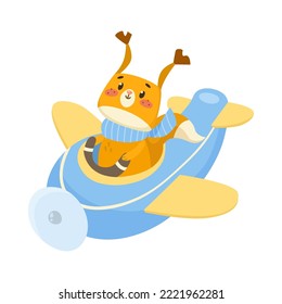 Cute comic squirrel flying on airplane cartoon illustration. Funny little animal character in scarf on blue plane or aircraft. Transportation, vehicle, travel concept