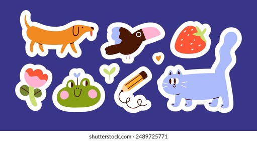 Cute comic stickers set. Cat, dog, flower, bird, frog and strawberry, design elements in funny doodle kids style. Modern kawaii quirky decorations. Childish creative isolated flat vector illustration