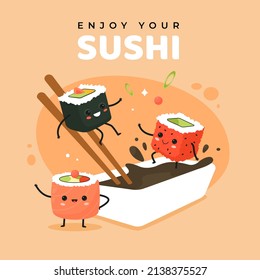 Afiche de sushi de cómic. Pequeños personajes cómicos de comida saltan a la salsa de soja, publicitan banner de cocina japonesa, restaurante asiático o mascota de cafés con concepto de vector de emoción