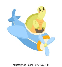 Cute comic turtle flying on airplane cartoon illustration. Funny little animal character on blue plane or aircraft. Transportation, vehicle, travel concept