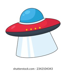 Cute comic UFO space symbol vector illustration. Cartoon drawing of rocket ship, UFO isolated on white background. Space, astronomy, universe, galaxy concept