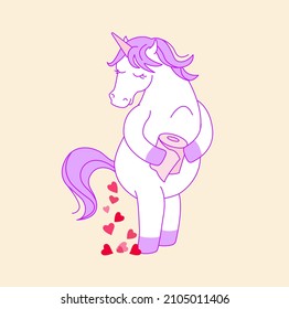 Cute comic unicorn poops hearts. Vector design. Valentine's day greeting card. Cartoon.