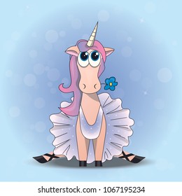 Cute, comic unicorns wirh flower. Unicorn little ballerina. Vector illustration