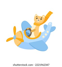Cute comic weasel flying on airplane cartoon illustration. Funny little animal character in scarf on blue plane or aircraft. Transportation, vehicle, travel concept