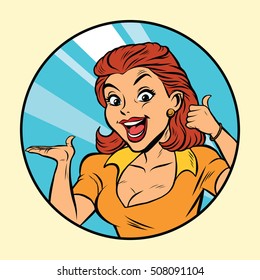 Cute comic woman presents