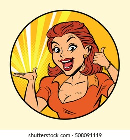 Cute comic woman presents