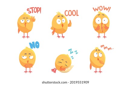 Cute Comic Yellow Chick Character Showing Different Emotion Vector Set