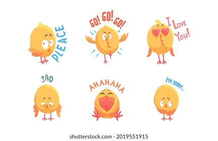 Cute Comic Yellow Chick Character Showing Different Emotion Vector Set