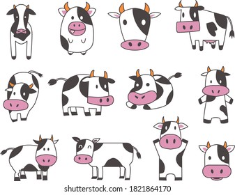 Cute comical animal cow illustration set