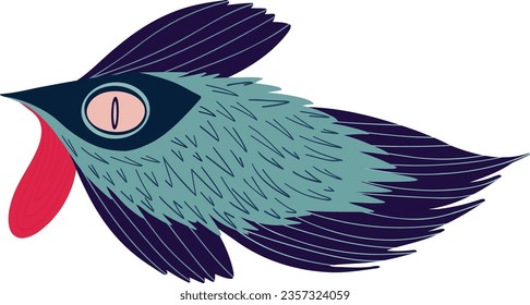 Cute comical bird-fish with long wings. Illustration in a modern childrens hand-drawn style