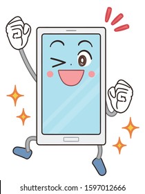 Cute and comical character of smartphone.He looks positive.